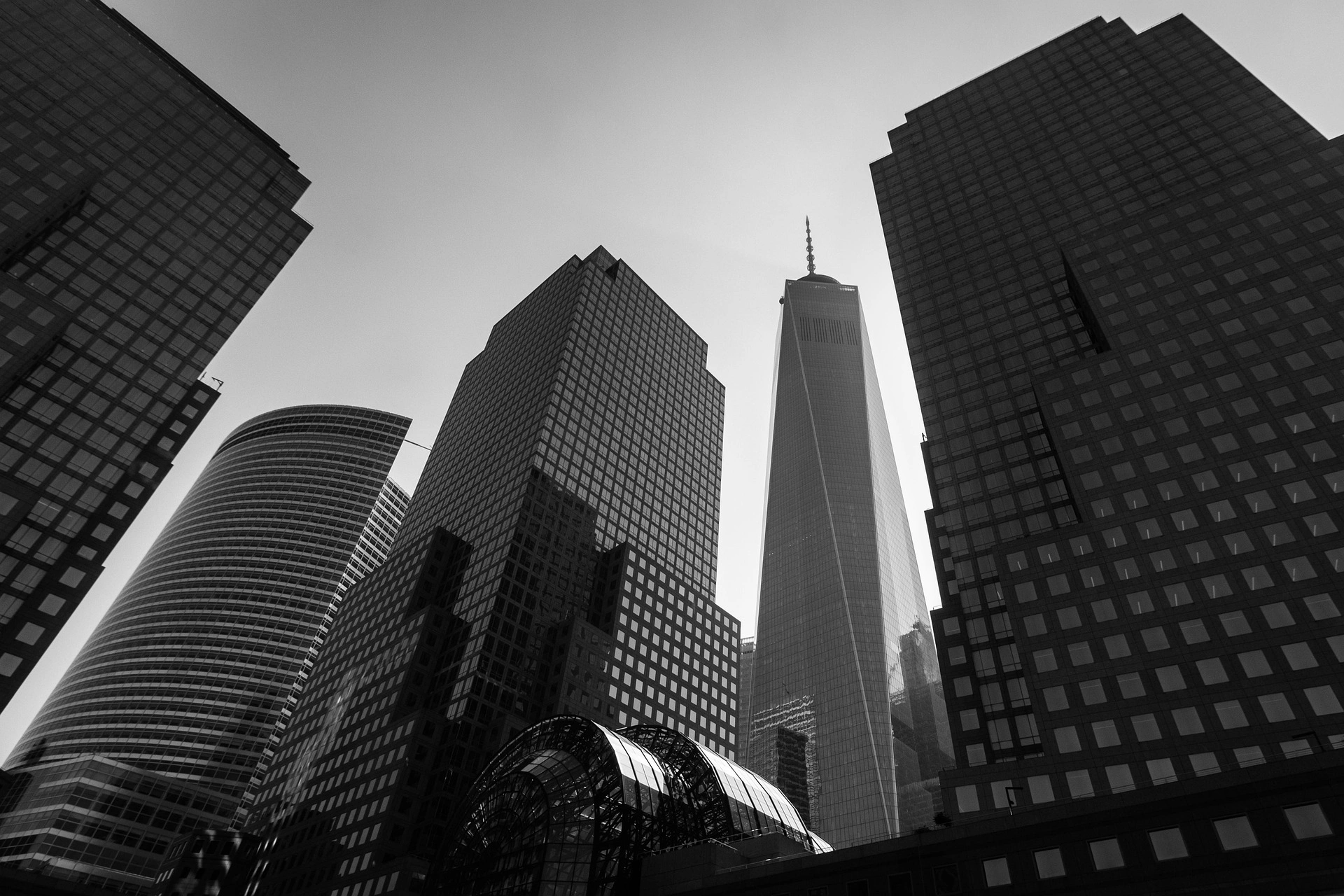 Glass towers of a financial district seen from street level