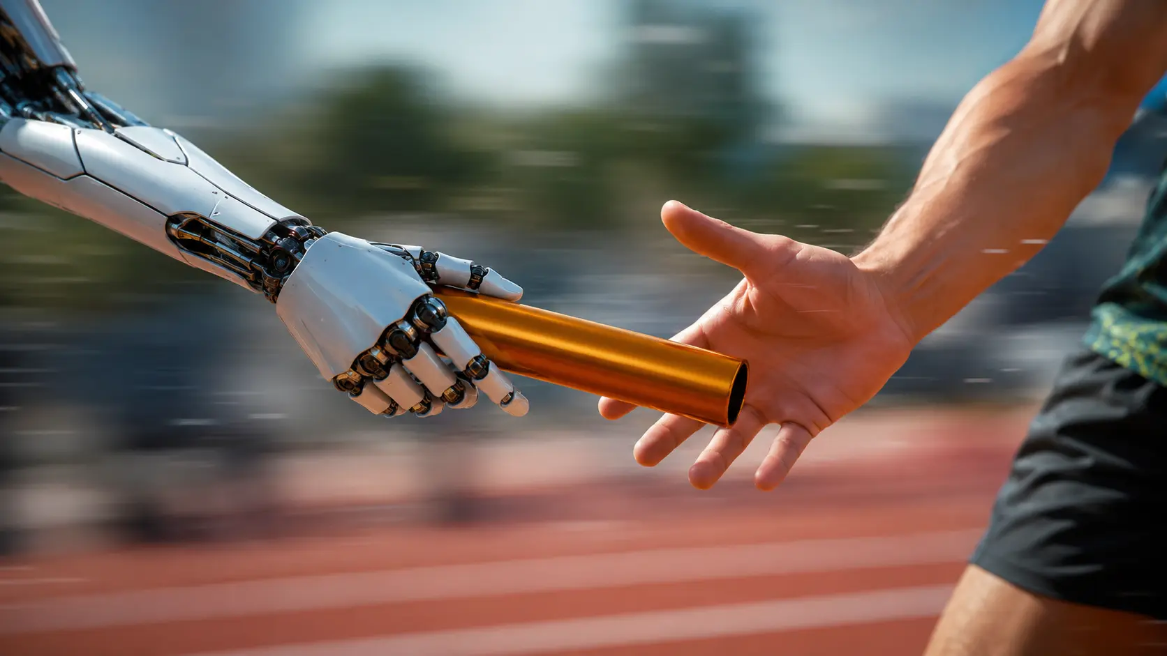A robotic hand passing a relay baton to a runner's open hand on a track